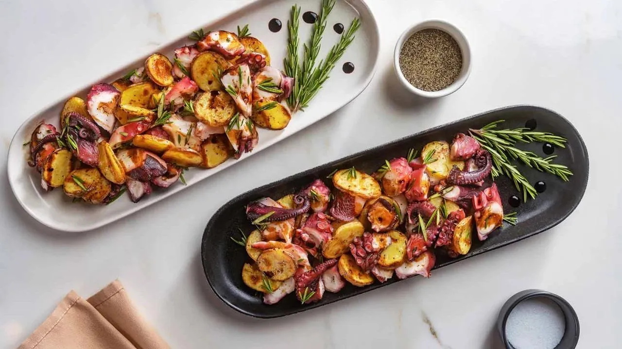 Grilled octopus with roasted potatoes and rosemary on two serving platters
